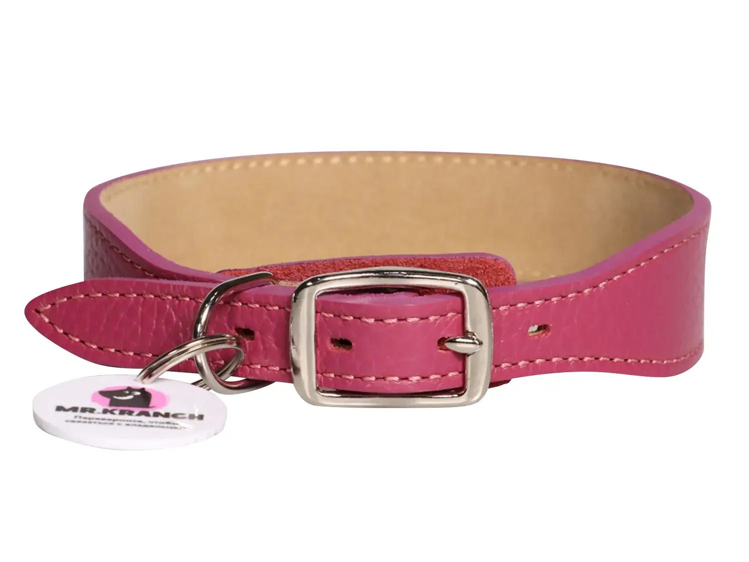 Mr.Kranch Ошейник кожаный с QR-адресником, малиновый