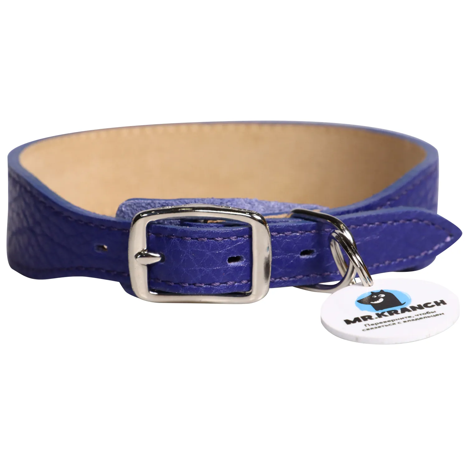Mr.Kranch Ошейник кожаный с QR-адресником, синий