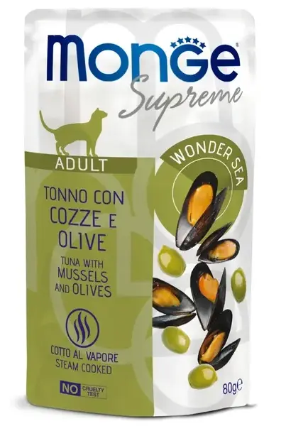 Monge Supreme Adult Cat Пауч с тунцом, мидиями и оливками