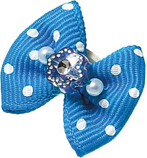 Бантик (пара) голубой в белый горошек (цветок+жемчуг)