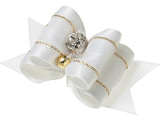 Бантик (пара) тройной объемный, белый с золотой нитью
